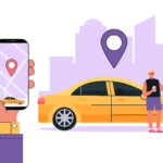 Figur av to personer utenfor en personbil. De to har mobiltelefoner som viser veg til hvor de kan hente den lånte bilen. Figuren promoterer bildeling.