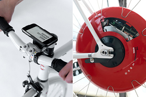 Figur 13: Copenhagen wheel som transformere sykkelen til en elsykkel og bl.a. måler og viser luft- og støyforurensing (Safecycle 2012).
