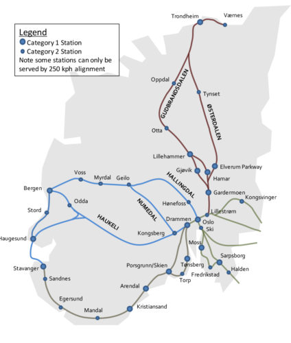 Figur 2: Mulige HHT-linjer i Norge Kilde: Jernbaneverket (2012a) 