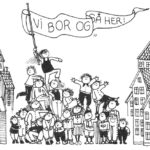 Illustrasjon av mange barn som holder et banner med «Vi bor også her».