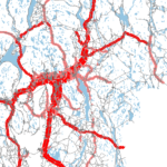 Kart som viser analyse av transportstrømmer.  Strømmene er markert med rødt, og blir tykkere mot sentrum av strømmen.