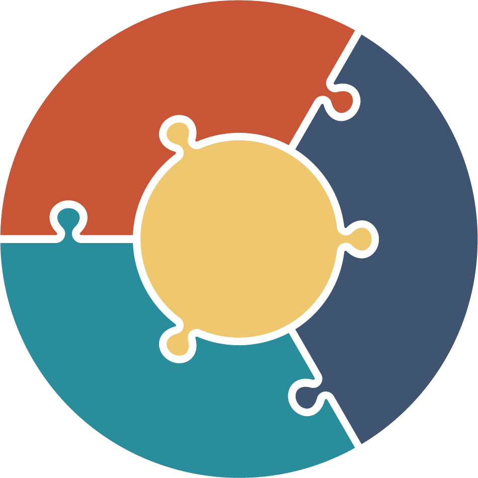 Logoen til tettstedspakker.Figuren viser en sirkel som er formet som et puslespill.