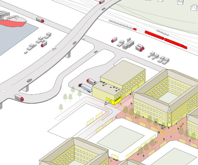 En tegning av bykvartaler som grenser mot hovedvei. Nærmest veien er det lastebiler på en plass bak et bygg og foran bygget er det distribusjonsbiler og en lastesykkel som drar ut i byen. Det er vist rødmalte gågater og grå kjørearealer.