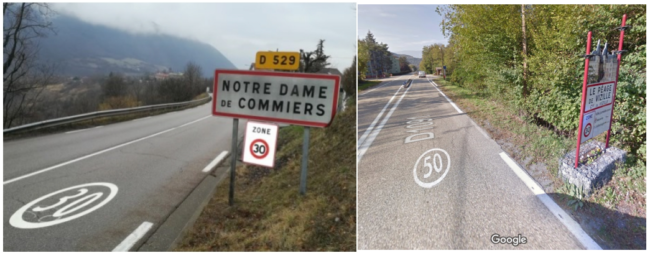 Figuren viser to fotoer av veibaner, der den ene veibanen har n markering for 30 some og den andre en markering for 50 km/t.