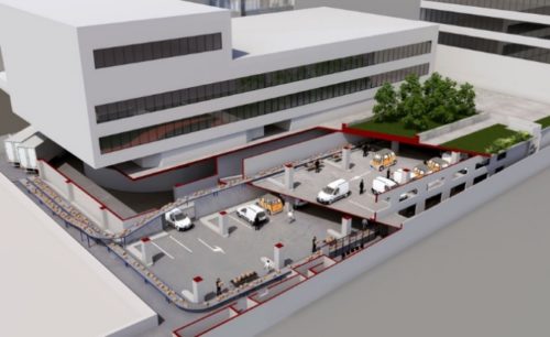 En tegning av et bygg i flere etasjer der vi ser biler og aktivitet i de nederste etasjene