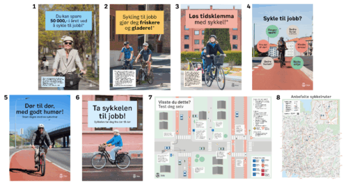 En oversikt over ulike plakater med inspirerende og informativt budskap som kan benyttes på arbeidsplasser. Bildene viser ulike mennesker på sykkel med tekster som «Du kan spare 50 000,- i året ved å sykle til jobb», «Løs tidsklemma med sykkel» og «Dør til dør med godt humør», samt sykkelkart og plakat med trafikkregler. 