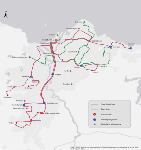  Kartillustrasjon av bussystemet i Trondheim