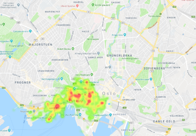 Figuren viser to bilder med kart over Oslo sentrum og indre by. Områdene som er omtalt er vist med lysegrønne, gule og røde felt på et grått kart. Vi ser at varebilen dekker et område i indre by vest som er større og mer fragmentert enn sykkelens område i sentrum. Nederst til venstre på begge kartene er litt av sjøen vist med blått.
