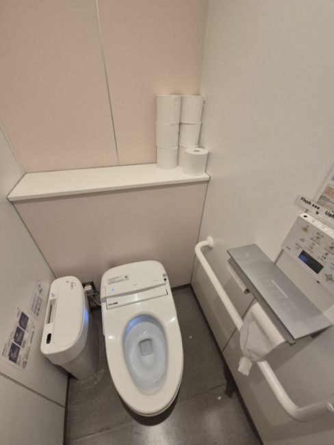 Bildet viser et offentlig toalettrom med et vannklosset, s&oslash;ppelb&oslash;tte, toalettpapirholder med hylle og en st&oslash;rre hylle i bakkant av klosettet. I tillegg er det et h&aring;ndtak til &aring; st&oslash;tte seg p&aring;. Toalettet er rent.