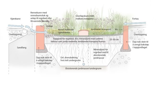 Illustrasjonen viser hvordan et regnbed kan bygges opp av ulike lag.