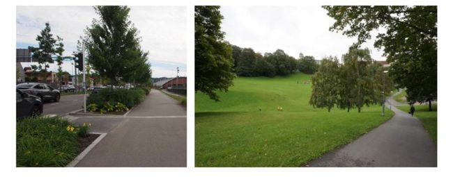Her vises det til to fotoer av ulike typer grøntområder. Det ene fotoet viser grønn beplantning som skiller en bilvei fra en gangvei, det andre fotoet viser en turvei gjennom et større parkområde.